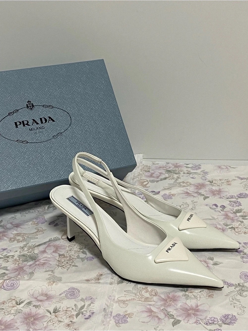 Prada White Patent Pointed-Toe Slingback Heels